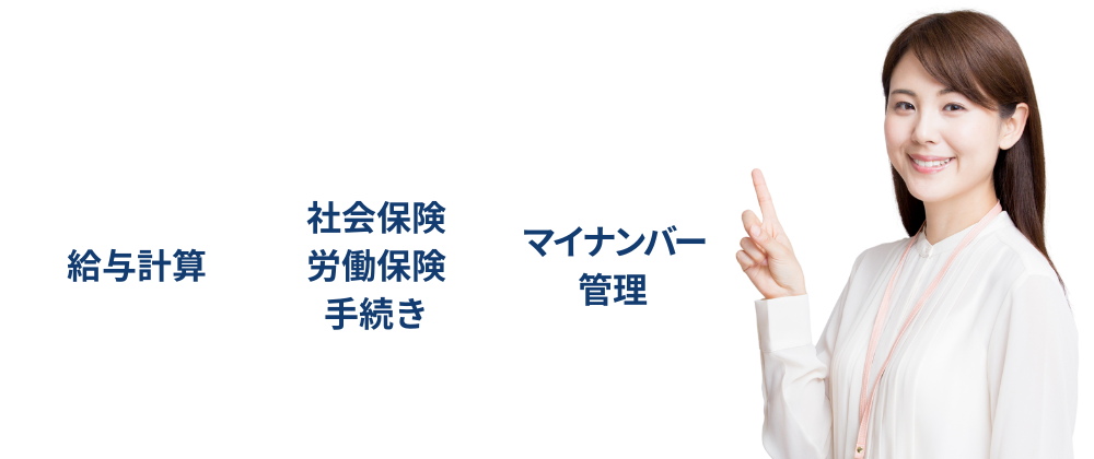 給与計算、社会保険、労働保険、手続き、マイナンバー管理。その労務、私たちが代行します。